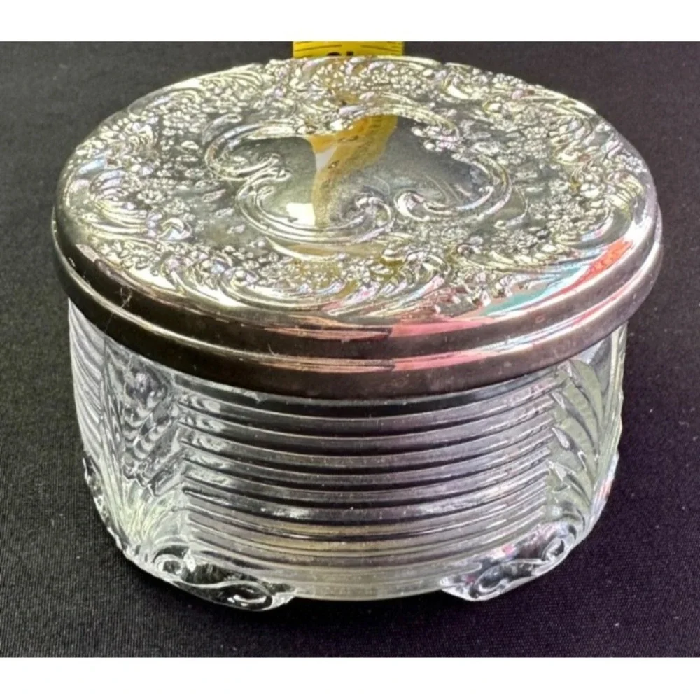 Vintage Art Deco Glass Trinket Box Metal lid Dresser Vanity Powder Jar Ballerina